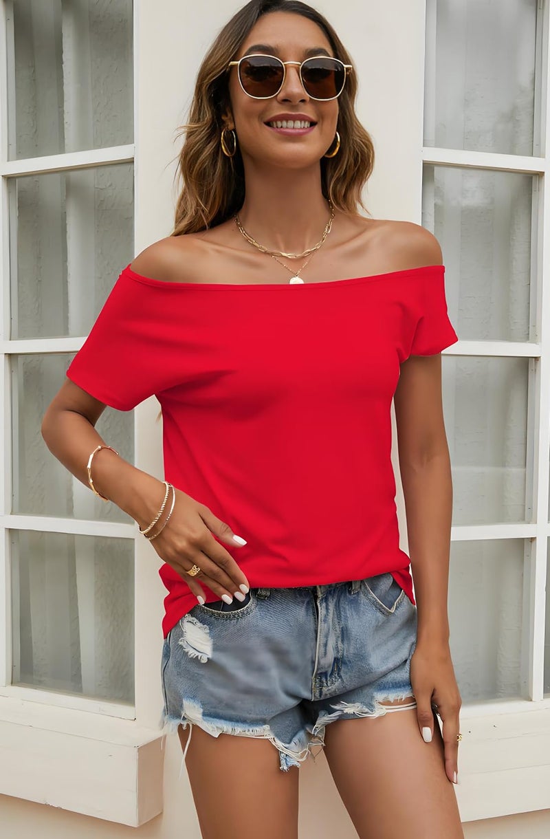 Halife Off The Shoulder Short Sleeve Womens Tops Dressy Casual Cute Red Ladies Shirts and Blouses Summer Fashion Clothing M - Image 2